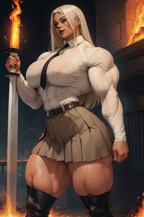 ((((Massive tall, beautiful, buff, light brown skinned muscular woman with white hair, black lipstick, ginormous bulky muscles, carrying a fire sword and wearing a white long sleeve pleated shirt with beautiful long pleated skirt)))), (close view), (massiv...