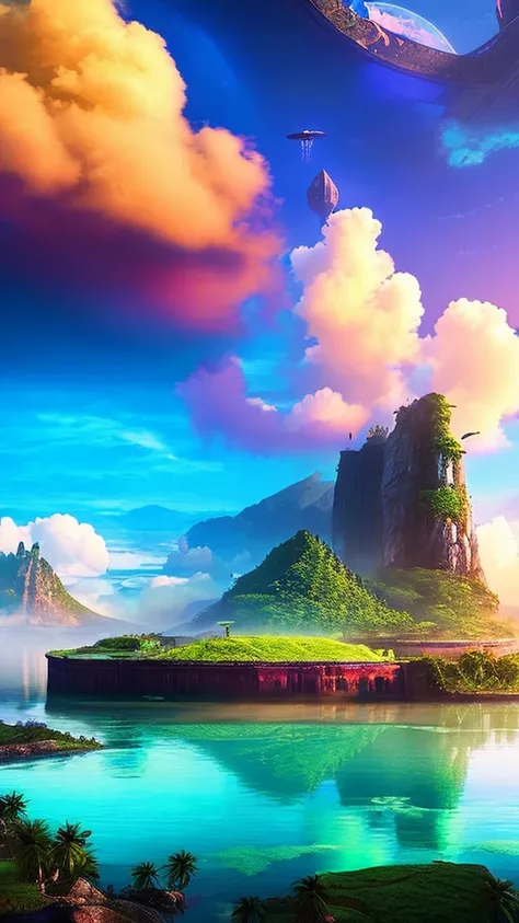 a mysterious floating island in the sky, people freely flying around, cinematic lighting, ethereal atmosphere, vibrant colors, highly detailed, photorealistic, 8k,best quality,masterpiece,concept art,fantasy,sci-fi,dramatic,dynamic,epic