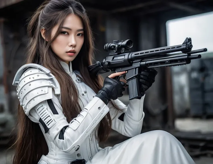 RAW Photograph, (((best picture))) (((ultra realistic))) (((masterpiece))) Beautiful european asian mix girl shooting a gun, height 176cm, brown long hair, beautiful features, perfect body ratio, detail beautiful face, detail beautiful skin, detail gun, in...