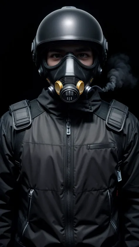 Man in autonomous gas mask and dark background