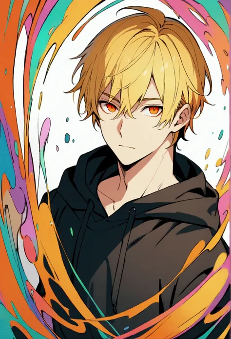 Handsome young man, blond, Orange Eyes, short hair,  Black Hoodie,high quality, Draw Amount, pixiv illustrations