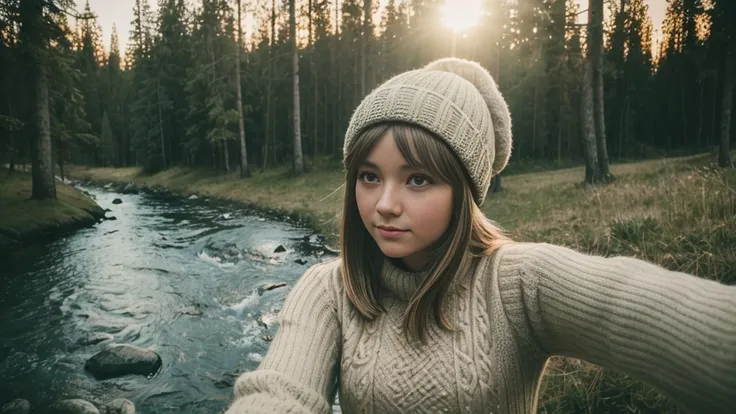 VeronicaCipher ((Upper body selfie, Happy)), masutepiece, of the highest quality, Ultra Detail, Solo, Outdoors, (Night), mont, Nature, (Star, Moon) Cheerful, Happy, hand armor, Sweaters, hat, flash lights, forest, Rock, River, Wood, Smoke, Shadow, Contrast...