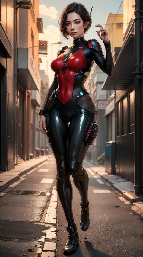 ((Full body photo, standing, feet on the floor)) Ant-Man, bustling street, (inspired by Mass Effect), Ant-Man suit, safety rating, breast enlargement, fat buttocks, leather pants wrapped around hips (8k, foto raw, photorrealistic: 1, 25), (lots of lip glos...