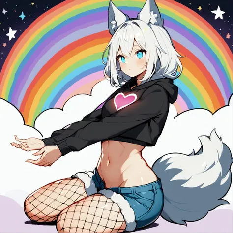 a cute adult male with wolf ears, long white hair, long locks, has a wolf tail, wearing a loose cropped black hoodie, wearing a ...