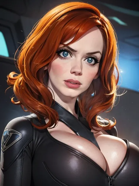 Create a dynamic 4K resolution full body portrait of Christina Hendricks as the character of Black Widow, the fierce Marvel superheroine.

Visualize Christina Hendricks as Black Widow with her striking features: her short orange wavy hair. Her bright blue ...