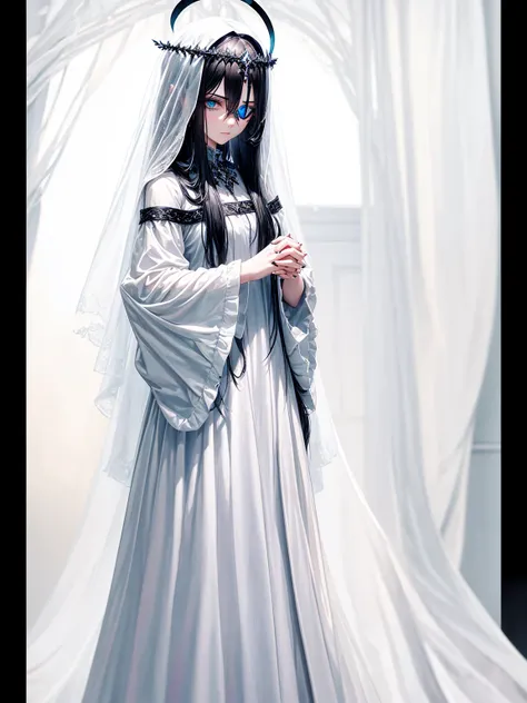 a young dark fantasy church priestess, with long black hair and white streaks, wearing an eyepatch on one eye, and her blueish green eyes, she cares a serious expression on her face and an angel like appearance, she wears elegant yet simple and modest blac...