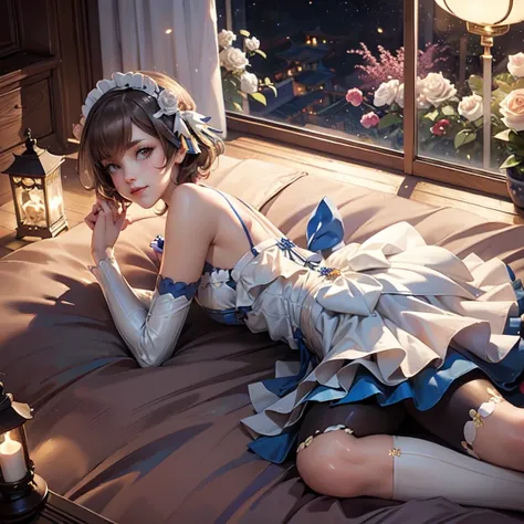 1girl, white roses, ornament hair, roses on her hair, maid, maid dress, maid headdress, maid apron, light brown hair, short hair, laying down on the bed, bedroom scene, Chinese maid dress, gold lantern, blue dress, more details on her clothes, golden detai...