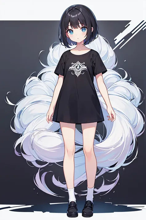 full body ,dynamic standing ,(เหมือนจริง:1.37)、1girl, solo, blue eyes, (detailed eyes), flat chest, short hair, black hair, ((bl...