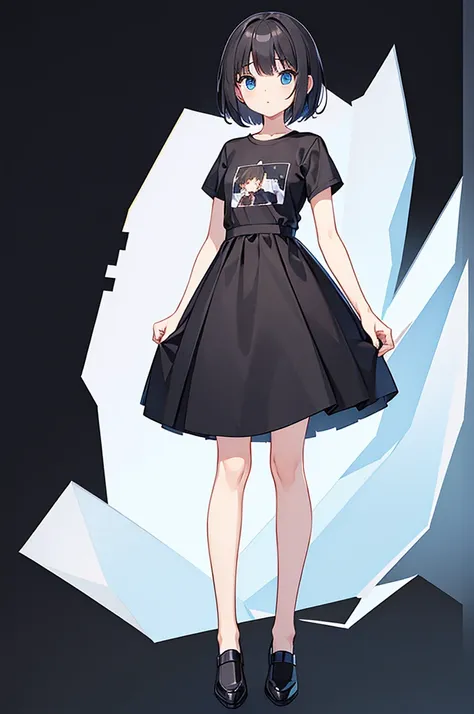 full body ,dynamic standing ,(เหมือนจริง:1.37)、1girl, solo, blue eyes, (detailed eyes), flat chest, short hair, black hair, ((bl...