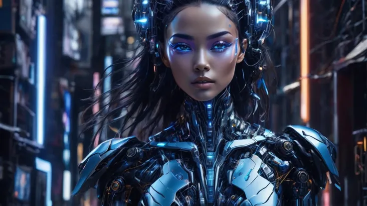 ```
Full-body portrait of an advanced, near-future female cyborg.
16:9 aspect ratio, landscape orientation.
Entire figure visible from head to toe, centered in frame.
Blend of human beauty and cutting-edge technology.
Face with subtle cybernetic enhancemen...