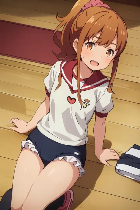 Highest quality, (masterpiece:1.2), Very detailed,

Megumi Kamino,
1 girl, Looking at the audience, Open your mouth, smile, teeth,
Brown Hair, ponytail, Brown eyes, Scrunchie, Heart Necklace,Long white socks,
,(((Black Bloomers, School, Gym Shirt, White T-...