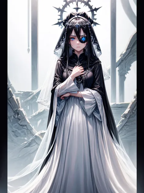 a young dark fantasy church priestess, with long black hair and white streaks, wearing an eyepatch on one eye, and her blueish green eyes, she cares a serious expression on her face and an angel like appearance, she wears elegant yet simple and modest blac...