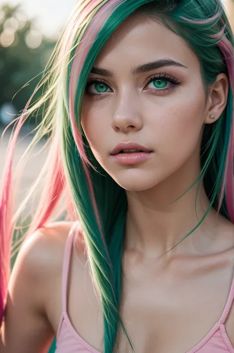  photo, rule of thirds, dramatic lighting, face closeup, dynamic pose, dynamic angle, Girl, 19years old, green eyes, (very long streaked green/pink hair:1.3) ((dynamic hairstyle)) intricate background , realism, realistic, raw, analog, photorealistic in bo...