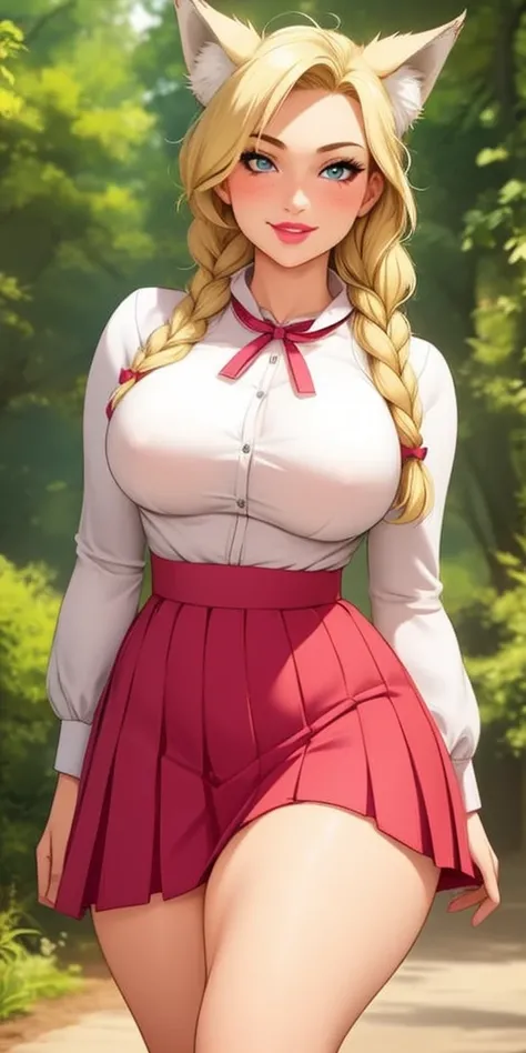 Beautiful round medium breasts, 1girl, ((Blonde hair with beautiful long braid)) ((wolf girl, cute girl face)) light  eyes, has an beautiful sensual body with freckles, with full breasts and thin waist, HIP HOP Beautiful and cute long sleeve blouse, long p...