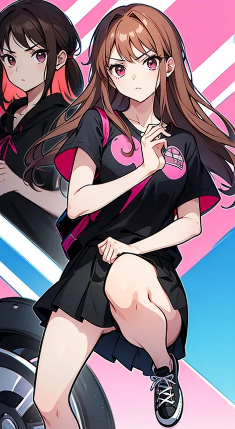 Girl with long brown hair, pink eyes, completely black short skirt, black button shirt, black converse sneakers and a pink katana.