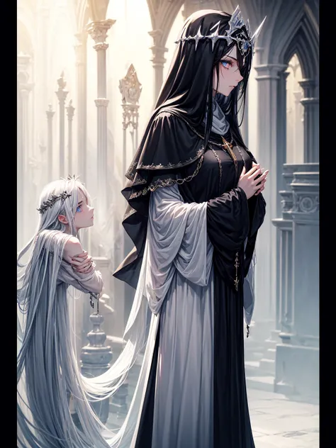 a young dark fantasy church priestess, with long black hair and white streaks, wearing an eyepatch on one eye, and her blueish green eyes, she cares a serious expression on her face and an angel like appearance, she wears elegant yet simple and modest blac...