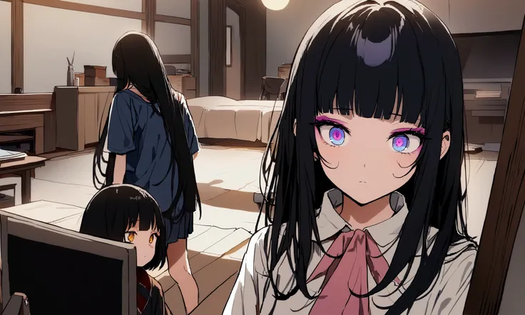 face down、Lewd Eyes、Scornful Eyes、front、super fine illustration,(((beautiful fine hair))),(((beautiful fine face))),(((beautiful fine background))),2人のgirl、Bobcut、Black Hair、Blunt Bangs、PC in the room、Horizontal composition、Step Piece、Highest quality、Best ...