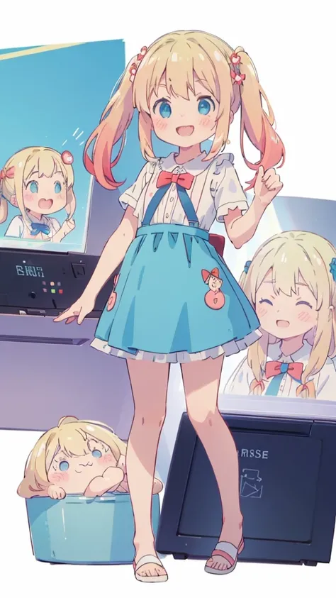 ((masterpiece))((Highest quality))girl、smile、blush、Flat Chest、Are thin、Blonde Hair、blush、Are standing、Whole body image、Eye level to the feet、front、No background、真frontのアングル、Blue clothes、Two-tone red and blue hair、Twin tails、Red Alice outfit