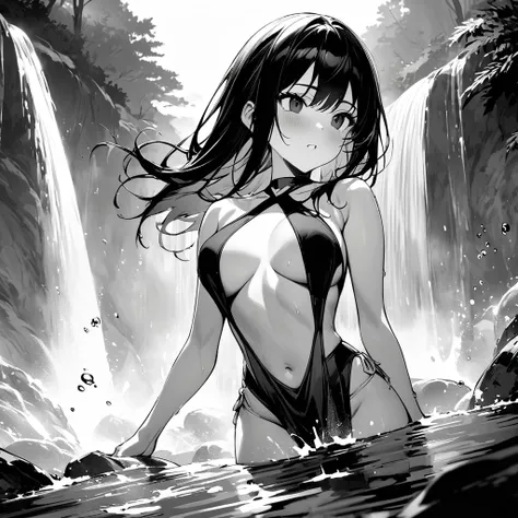 Top quality, masterpiece, monochrome, woman, long black hair, black eyes, long exposed and loincloth style swimsuit, beautiful Japanese waterfall, water splash