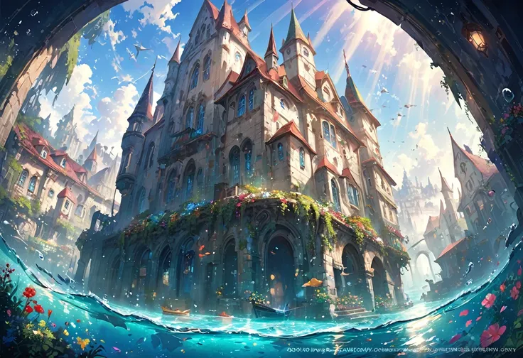 color (Fantasy: 1.2), (hayao miyazaki style), (Irregular Building Floating in the Sea), Patchwork Cottage, Floral decoration, Light, Concept art inspired by Andreas Rocha, Artstation Contest Winner, Fantasy art, (an underwater city), Ross Tran, Light shaft...