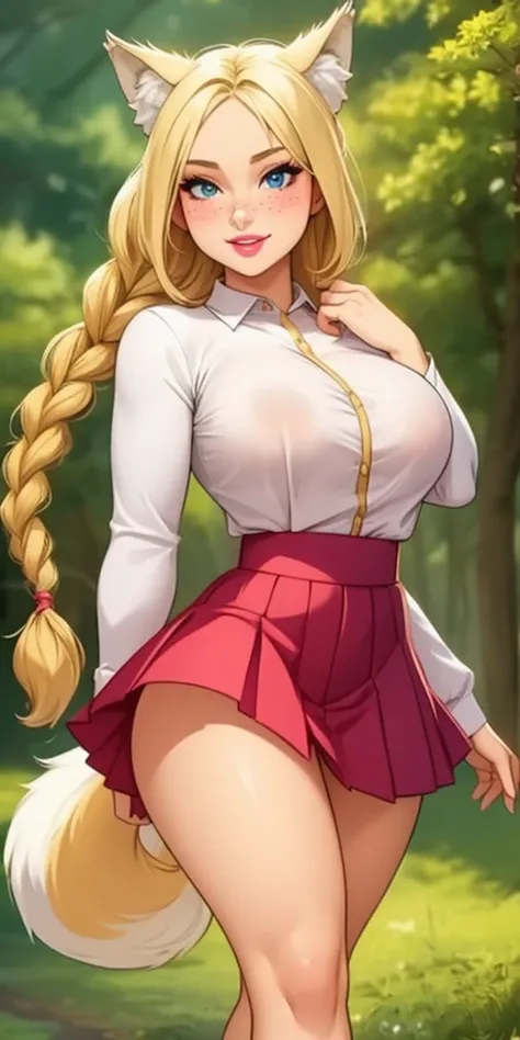 Beautiful round medium breasts, 1girl, ((Blonde hair with beautiful long braid)) ((wolf girl, cute girl face)) light  eyes, has an beautiful sensual body with freckles, with full breasts and thin waist, HIP HOP Beautiful and cute long sleeve blouse, long p...