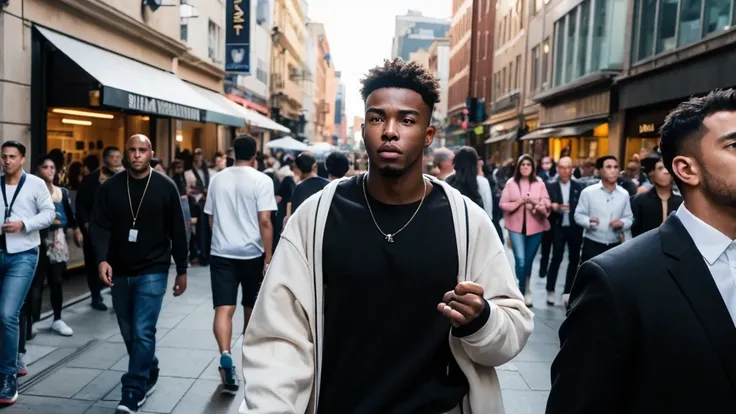 ((black male, 22 years old, handsome, strong built)) walking through a busy street, blending into the crowd, yet lost in their thoughts, representing feeling overwhelmed by the chaos.