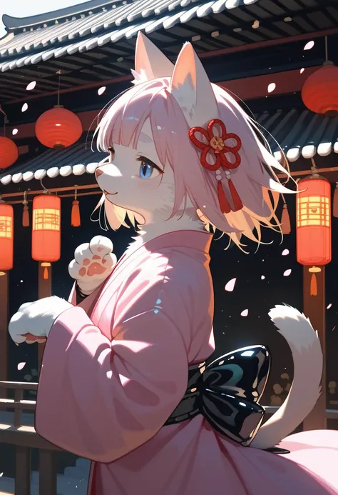 Highest quality, Highest quality, High quality illustrations, masterpiece, Ultra-high resolution, Detailed Background, Kyoto, Festivals, Absurd, Perfect Anatomy, performance, Good lighting, Shadows in the movies(kemono, Furry PersonifiCation), Cat, Pink Ki...