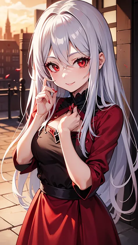 A anime mature woman with long silver hair,she is a vampire,she had a red eye,she wearing a red dress,smiling to camera,scenery is red aesthetic behind her