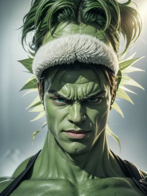 transform this image hulk style, with hulk features, green skin color, green eyes, realistic full hd detailed hulk style