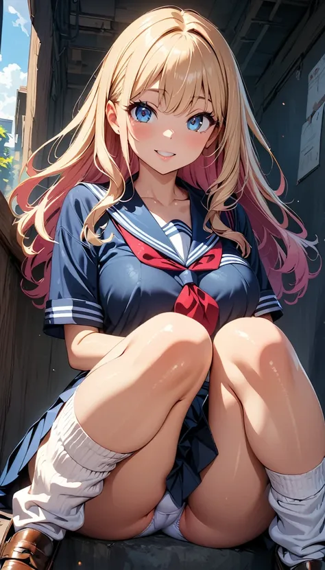 (Highest quality:1.24K, 8k, Studio Anime, Very detailed, Latest, Vibrant, High detail, High Contrast, masterpiece:1.2, Highest quality, Best aesthetics), (((1 Girl))), Sit and pose, ＪＫ, Sailor suit, Pleated skirt, loose socks, loafers, Please open your mou...