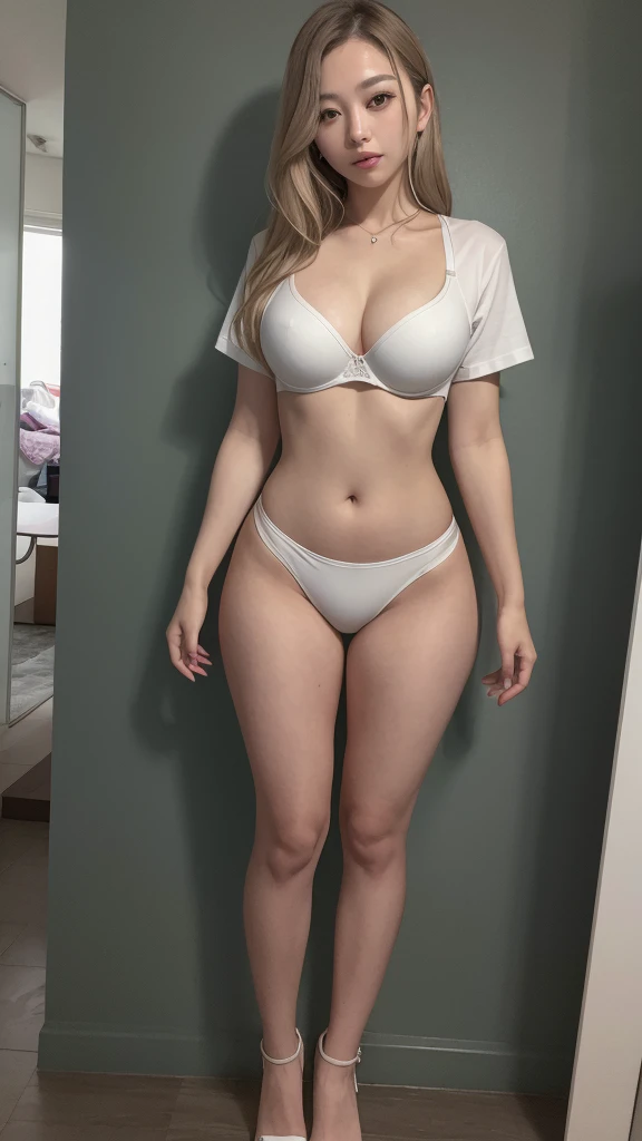 Blonde、Japanese women、One Girl,Neckline, belly button, T-Shirts, (Bra very)), 21 years old、Lollipop Candy、Full Body Shot