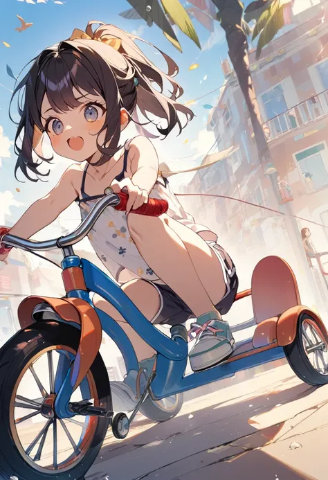 (1 girl), (astride a tricycle for children), dolphin shorts,
