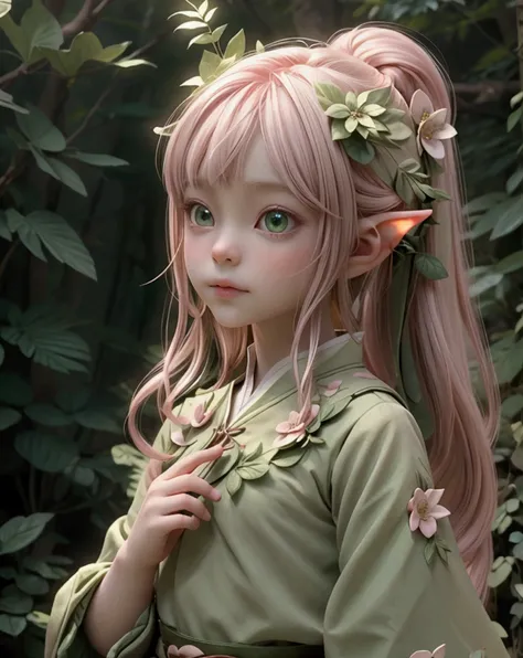 (photo of a small child), elf girl in the forest, pointed ears, light pink and light green style, anime aesthetic, detailed clothing, juvenile, realistic technique, flowers and birds, light gold and green, upper body