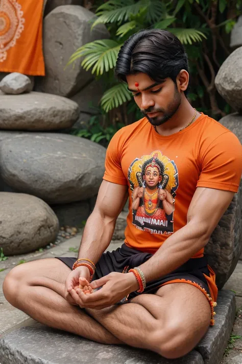 Create a Realistic High Quality image of LORD HANUMAN is depicted in meditation . Sitting on a Stone. A Realistic 18 year old boy Wearing Saffron T-shirt sprinkles flowers to HANUMAN and performs Pooja , Hanuman ji giving blessings to boy,Name "tushar pand...