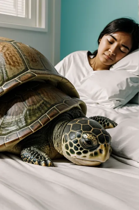 Land turtle next to a sick person in a bed