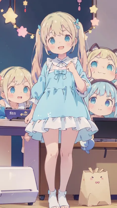 ((masterpiece))((Highest quality))girl、smile、blush、Flat Chest、Are thin、Blonde Hair、blush、Are standing、Whole body image、Eye level to the feet、front、No background、真frontのアングル、Blue clothes、Two-tone white and blue hair、Twin tails、Red Alice outfit