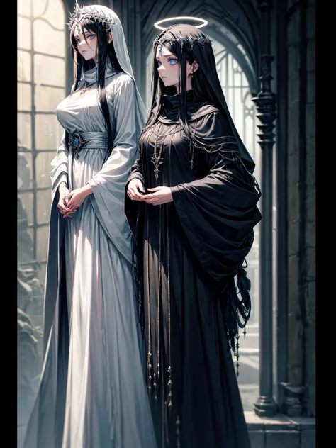 a young dark fantasy church priestess, with long black hair and white streaks, wearing an eyepatch on one eye, and her blueish green eyes, she cares a serious expression on her face and an angel like appearance, she wears elegant yet simple and modest blac...