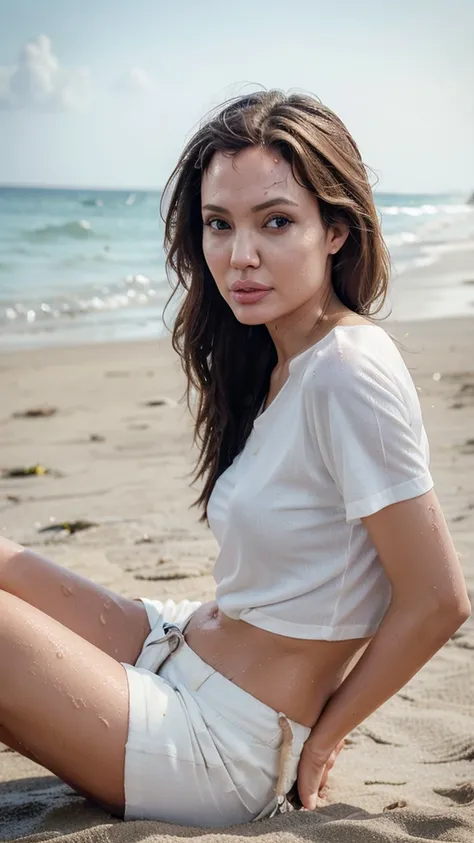 Photorealistic, detailed face, Woman, angelina jolie look alike wearing short pants and wet white tshirt,  wet with sweat, taken from the front side,  sitting on the beach, playing with sand