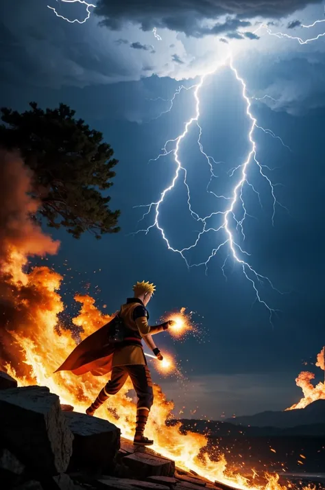 Naruto surrounded by lightning, fire and water.