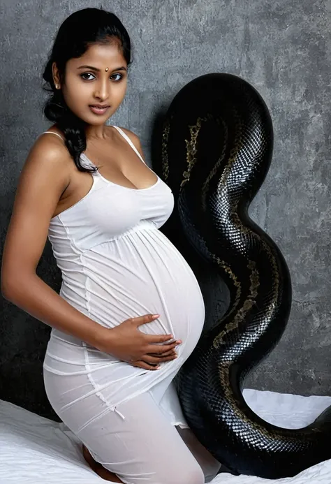 Pregnant Happy Horny, aroused 1girl), beautiful kneeling Indian  young teen girl with  giant colossal black titanboa squeezing her hard, wrapped in thick spiraling coils, constricted, struggle, gasping for air, snake attack, snake peril, moonless night, di...