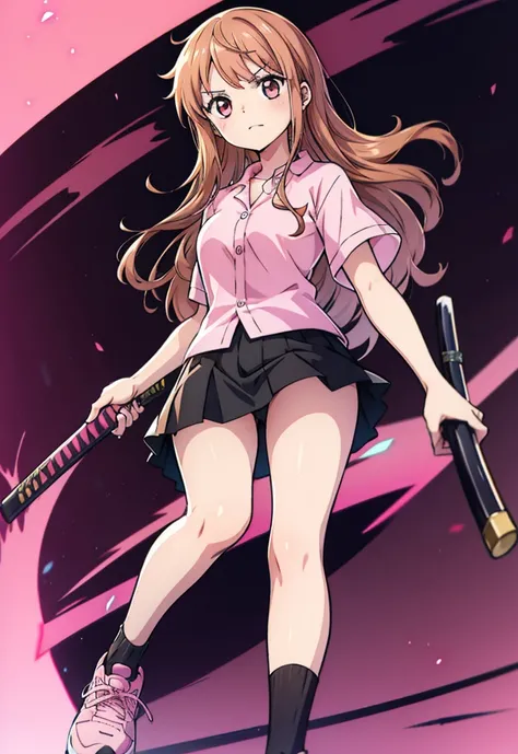 Girl with long brown hair, pink eyes, black button-down shirt, short black skirt, black tennis shoes, pink katana and pink haori 