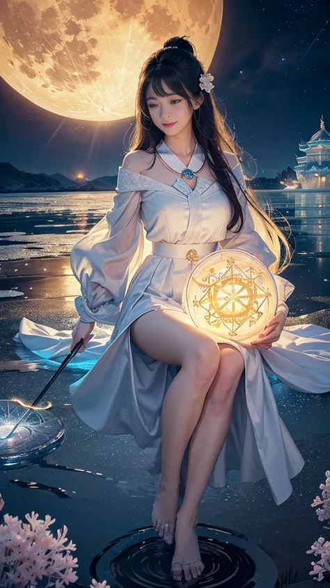 adorable_girl,fair_skin,huge filesize,colorful,beautiful detailed glow, detailed ice, beautiful detailed water, (magic circle:1.2), (floating palaces:1.3),beautiful detailed pampas grass field, open hakama, surrounded by floating sakura, yellow full moon, ...