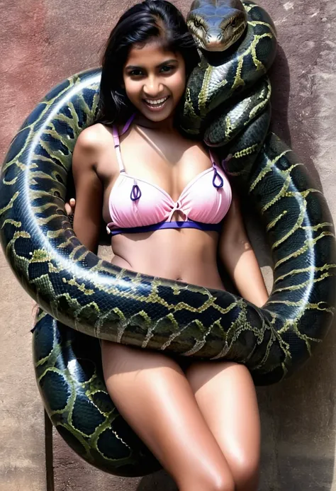  Happy Horny, aroused 1girl), beautiful  Indian  young teen girl wearing bikini with  giant colossal Kaa monster squeezing her hard, wrapped in thick spiraling coils, constricted, struggle, gasping for air, snake attack, snake peril,