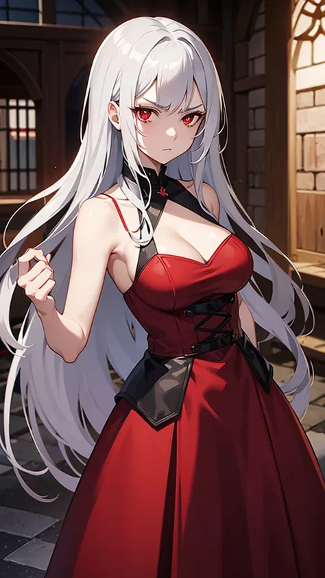 A anime mature woman with long silver hair,she is a vampire,she had a red eye,she wearing a red dress,she folded his arms and looked at the camera with an annoyed expression,scenery is at medieval kitchen behind her