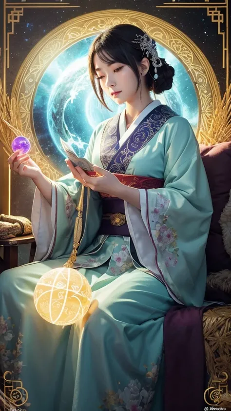 Create a detailed illustration of Ame-no-Sagume no Mikoto, the Japanese goddess of prophecy and divination. She should be depicted as a mysterious and ethereal figure, embodying the power of foresight and mysticism. Her attire should be traditional Japanes...