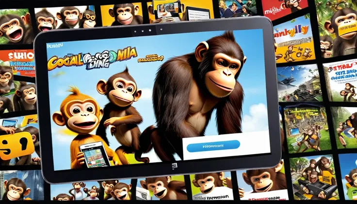 Create an illustration depicting a large group of monkeys using social media to engage in cyberbullying. The scene should show the monkeys with smartphones, tablets, and laptops, furiously typing and posting negative comments. Some monkeys should have angr...