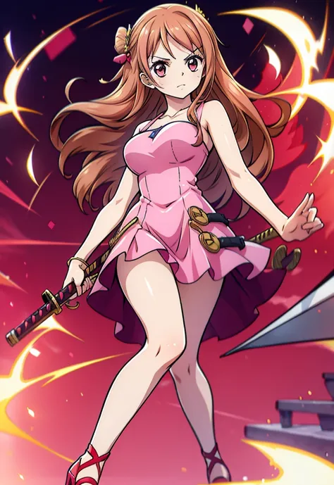 Girl with long brown hair, pink eyes, short red dress, pink katana and red heels 