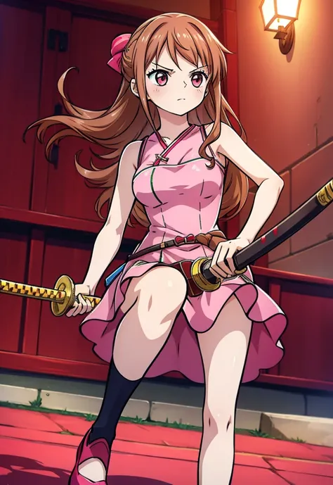 Girl with long brown hair, pink eyes, short red dress, pink katana and red heels 