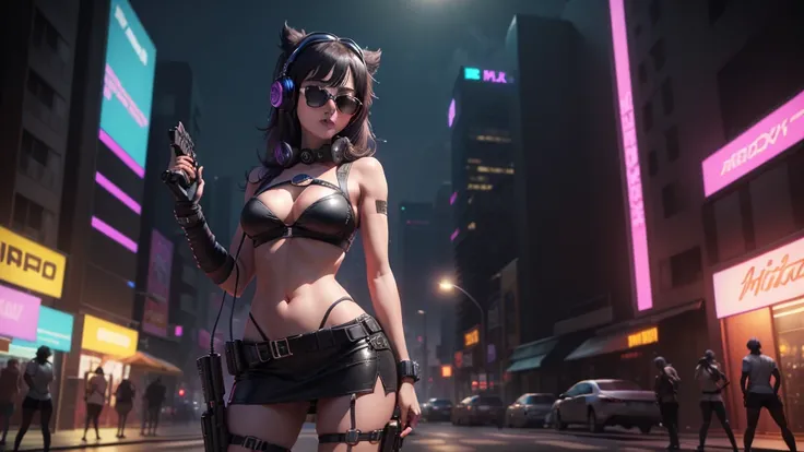 at night, crazy city vaporwave style 4k high definition. (((1girl, solo, alone))), large-breast:1.2 slim body, cleavage:1.1, sexy miniskirt, (((headphone, black sunglasses, standing and holding pistol pose))), (((half-body thigh level medium shot))), cinem...