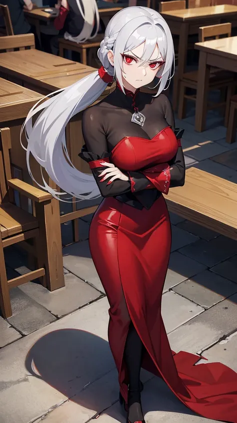 A anime mature woman with long ponytail silver,she is a vampire,she had a red eye,she wearing a red dress,she folded his arms and looked at the camera with an annoyed expression,scenery is at medieval kitchen behind her